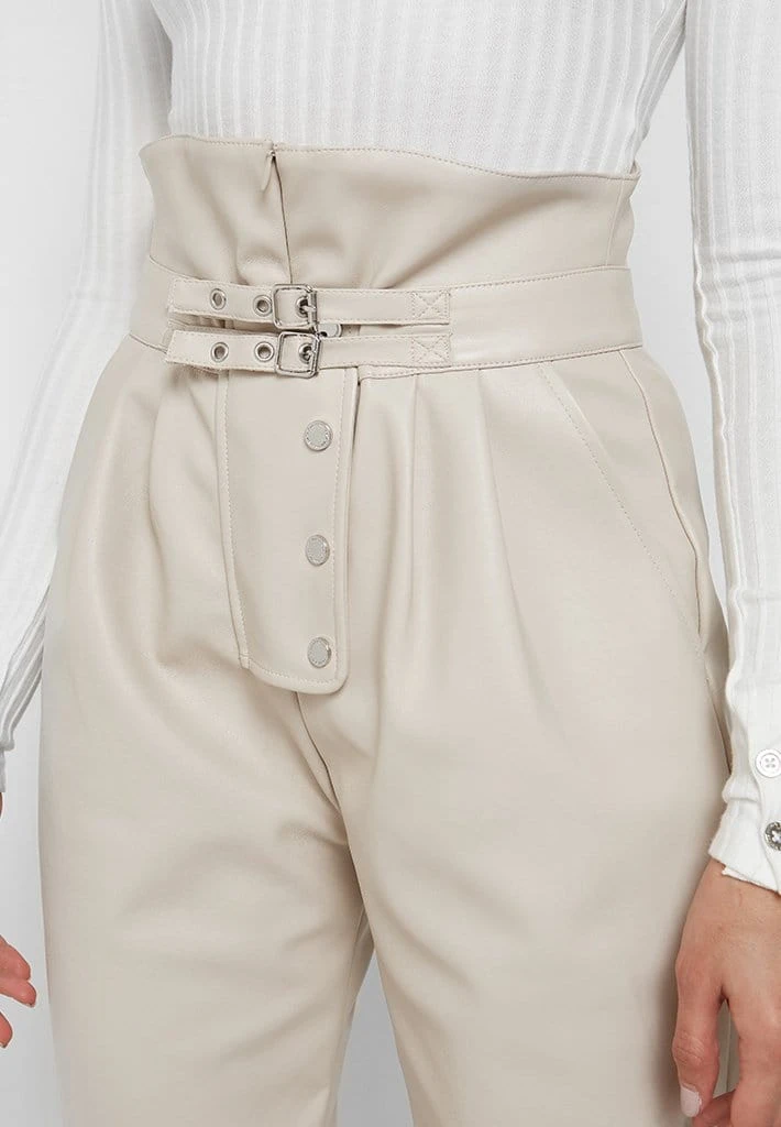 Woman Trousers High Waisted Vegan Leather Trousers - Beige