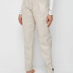 Woman Trousers High Waisted Vegan Leather Trousers - Beige
