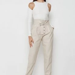 Woman Trousers High Waisted Vegan Leather Trousers - Beige