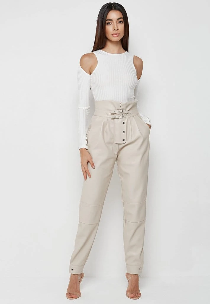 Woman Trousers High Waisted Vegan Leather Trousers - Beige