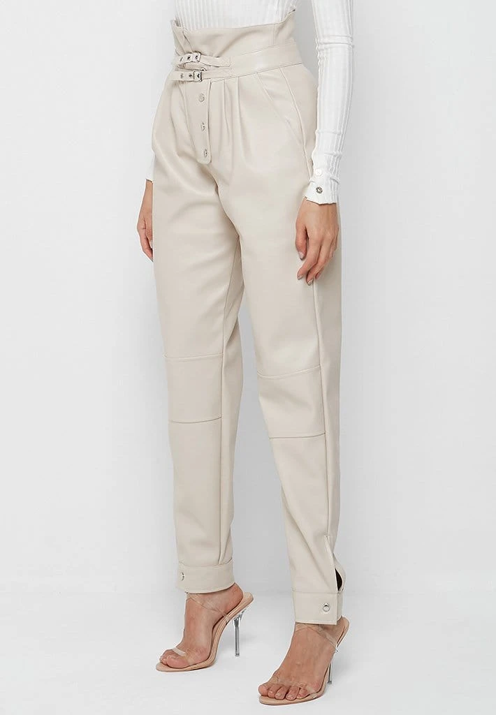 Woman Trousers High Waisted Vegan Leather Trousers - Beige