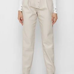 Woman Trousers High Waisted Vegan Leather Trousers - Beige