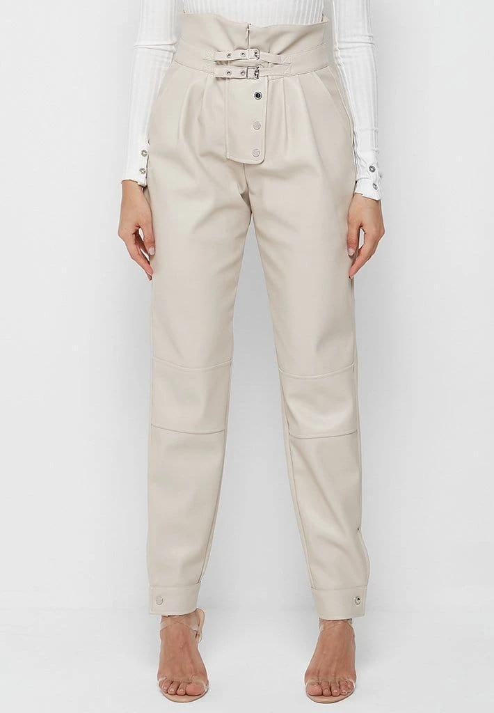 Woman Trousers High Waisted Vegan Leather Trousers - Beige