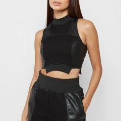 Woman Tops Jersey & Cracked Vegan Leather Crop Top - Black