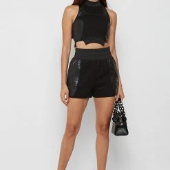 Woman Tops Jersey & Cracked Vegan Leather Crop Top - Black