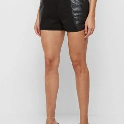 Woman Shorts CO-ORDS Jersey & Cracked Vegan Leather Shorts - Black