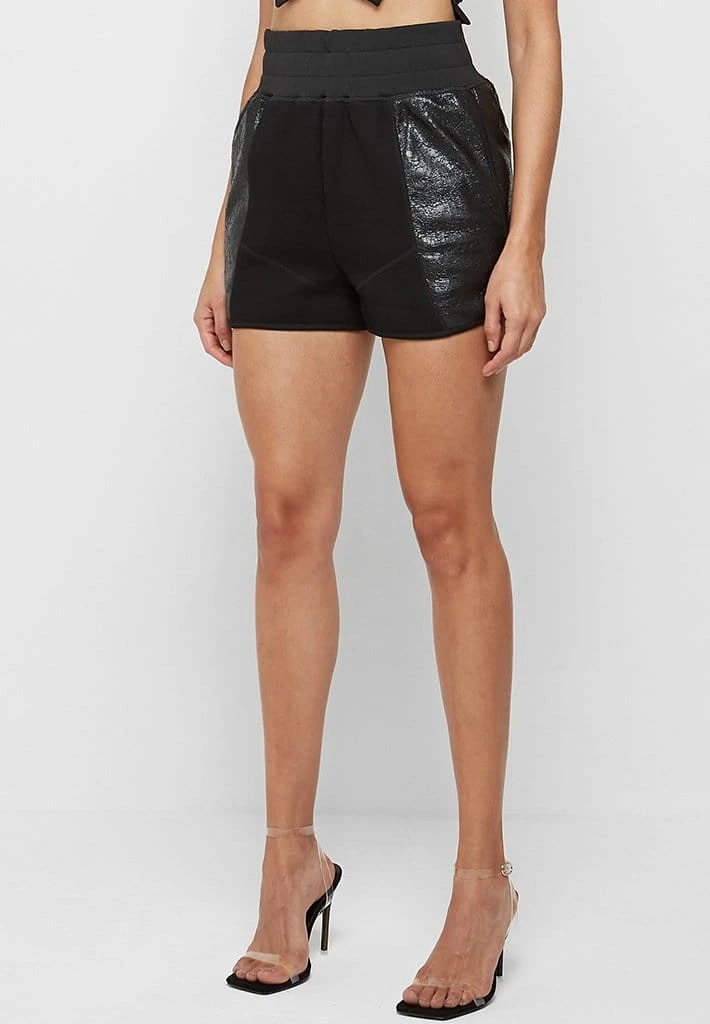 Woman Shorts CO-ORDS Jersey & Cracked Vegan Leather Shorts - Black