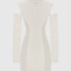 Woman Dresses Knitted Contour Dress With Vegan Leather Sleeves - Beige