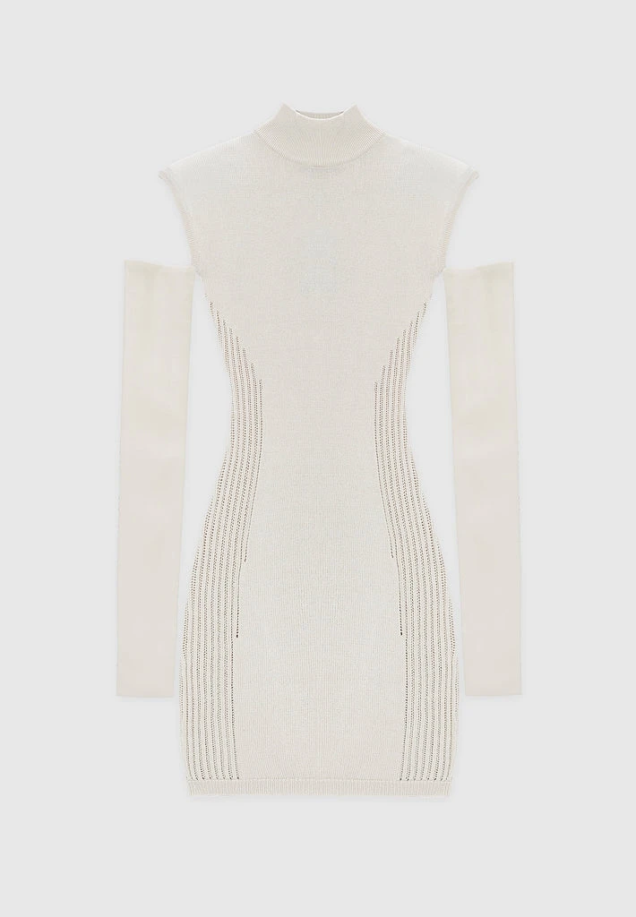 Woman Dresses Knitted Contour Dress With Vegan Leather Sleeves - Beige