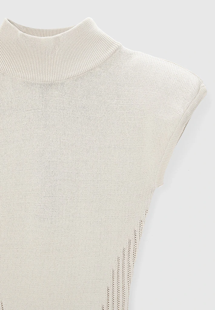 Woman Dresses Knitted Contour Dress With Vegan Leather Sleeves - Beige