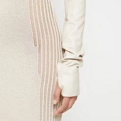 Woman Dresses Knitted Contour Dress With Vegan Leather Sleeves - Beige
