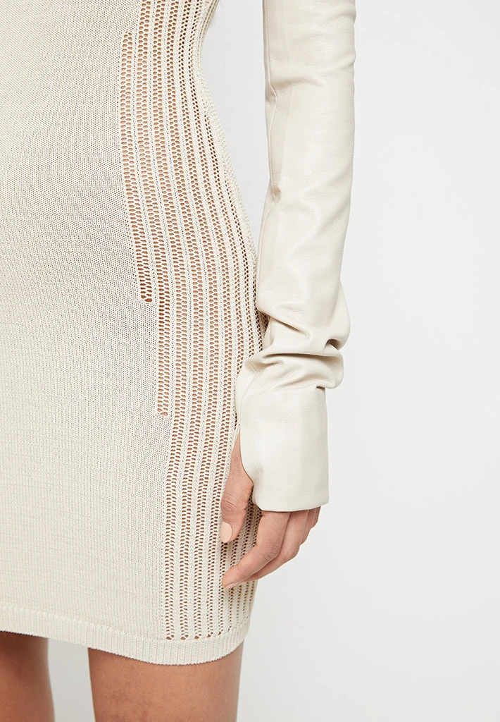 Woman Dresses Knitted Contour Dress With Vegan Leather Sleeves - Beige