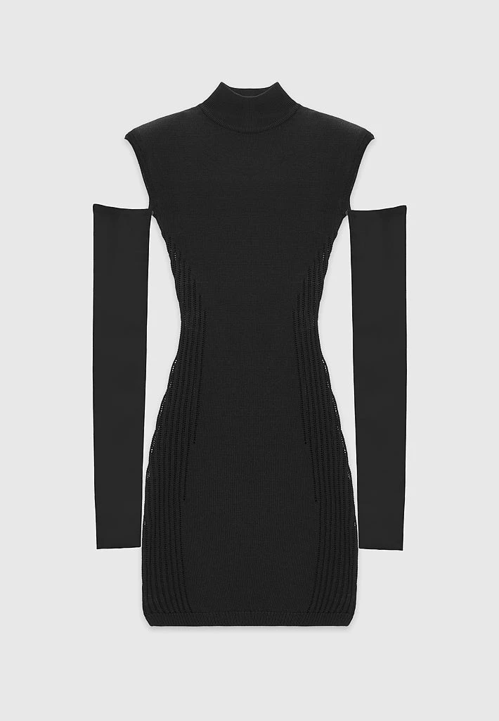 Woman Dresses Knitted Contour Dress With Vegan Leather Sleeves - Black