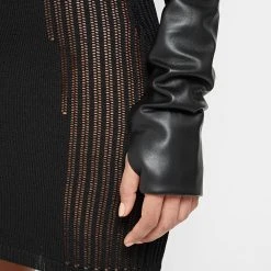 Woman Dresses Knitted Contour Dress With Vegan Leather Sleeves - Black