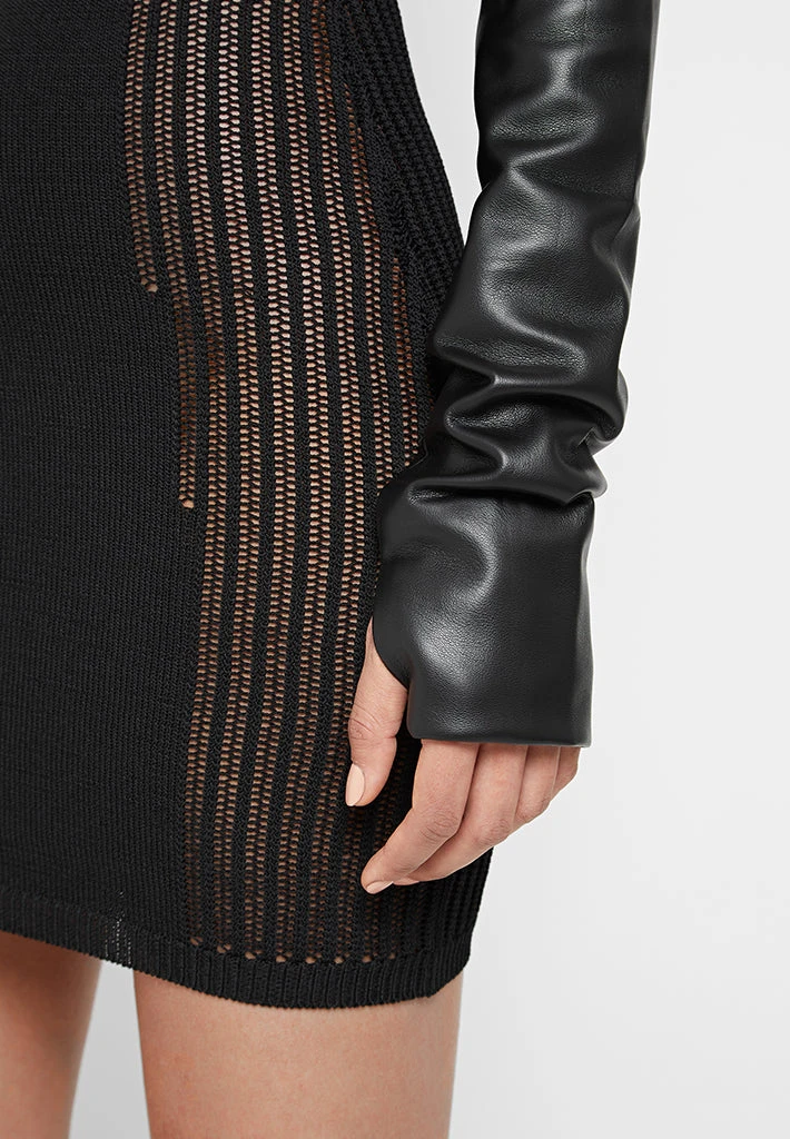 Woman Dresses Knitted Contour Dress With Vegan Leather Sleeves - Black