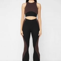 Woman Tops Knitted Contour Crop Top - Black/Brown TOPS & T SHIRTS
