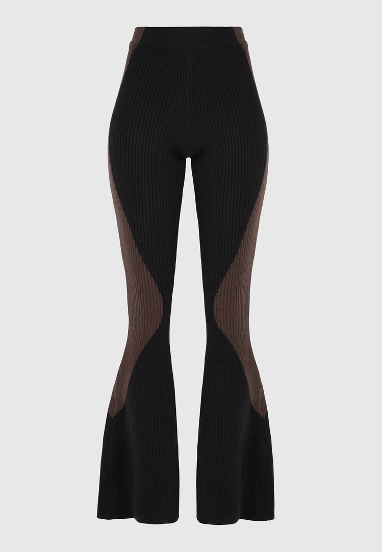 Woman Trousers Knitted Contour Fit And Flare Trousers - Black/Brown