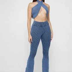 Woman Tops Knitted Crossover Top - Washed Blue TOPS & T SHIRTS