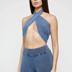 Woman Tops Knitted Crossover Top - Washed Blue TOPS & T SHIRTS