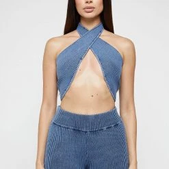 Woman Tops Knitted Crossover Top - Washed Blue TOPS & T SHIRTS