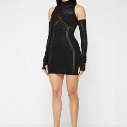 Woman Dresses Knitted High Neck Contour Dress - Black
