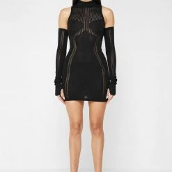 Woman Dresses Knitted High Neck Contour Dress - Black