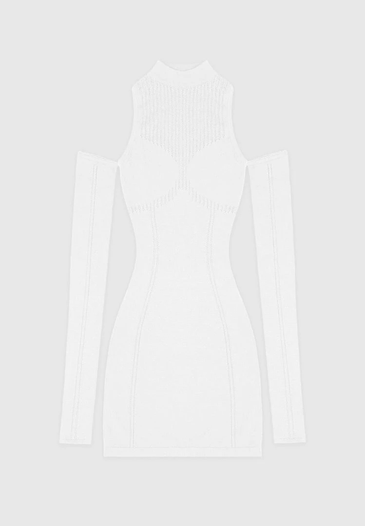 Woman Dresses Knitted High Neck Contour Dress - White