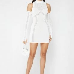 Woman Dresses Knitted High Neck Contour Dress - White