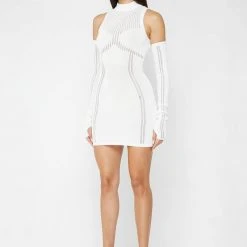 Woman Dresses Knitted High Neck Contour Dress - White