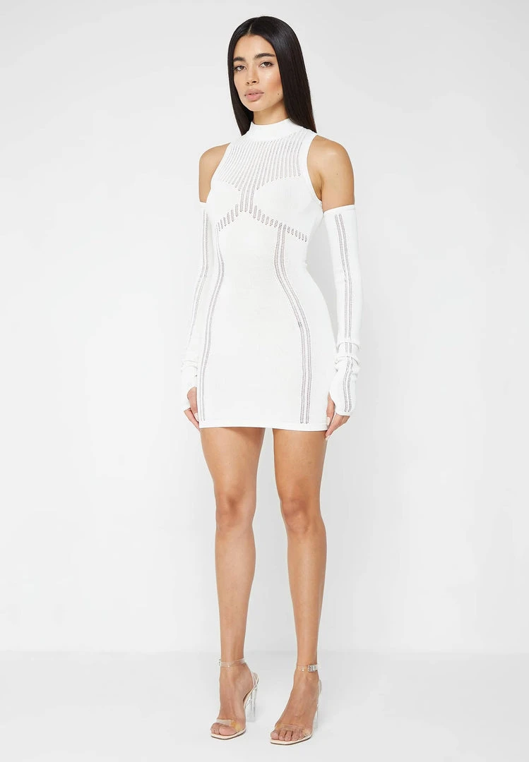 Woman Dresses Knitted High Neck Contour Dress - White