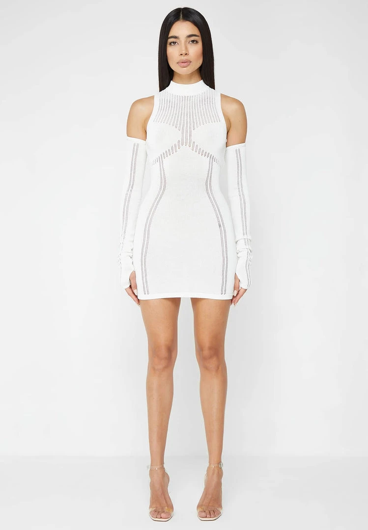 Woman Dresses Knitted High Neck Contour Dress - White