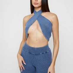 Woman Trousers Knitted High Waisted Flared Trousers - Washed Blue LEGGINGS