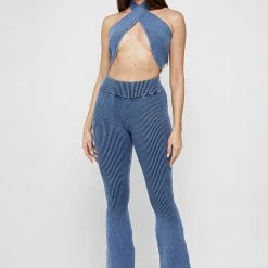 Woman Trousers Knitted High Waisted Flared Trousers - Washed Blue LEGGINGS