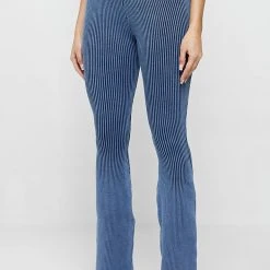 Woman Trousers Knitted High Waisted Flared Trousers - Washed Blue LEGGINGS