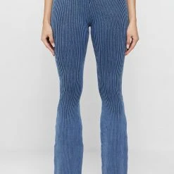 Woman Trousers Knitted High Waisted Flared Trousers - Washed Blue LEGGINGS