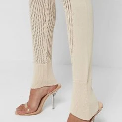 Woman Leggings Knitted High Waisted Leggings - Beige