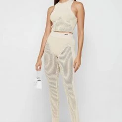 Woman Leggings Knitted High Waisted Leggings - Beige