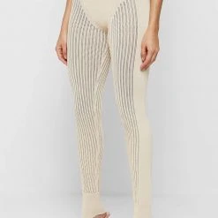 Woman Leggings Knitted High Waisted Leggings - Beige