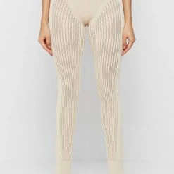 Woman Leggings Knitted High Waisted Leggings - Beige