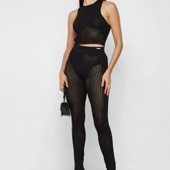 Woman Leggings Knitted High Waisted Leggings - Black