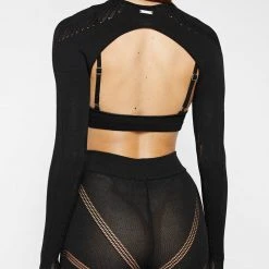 Woman Tops Knitted Sleeve Overlay With Bralette - Black TOPS & T SHIRTS