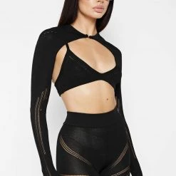 Woman Tops Knitted Sleeve Overlay With Bralette - Black TOPS & T SHIRTS