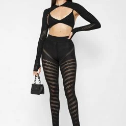 Woman Tops Knitted Sleeve Overlay With Bralette - Black TOPS & T SHIRTS