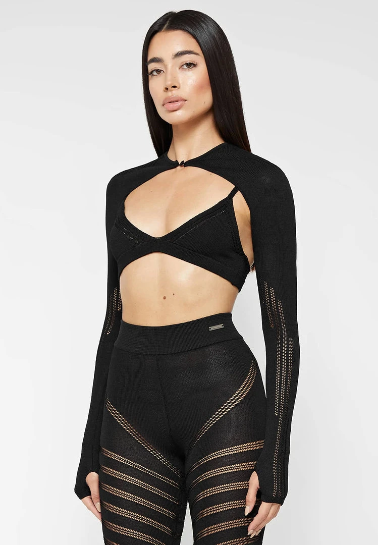 Woman Tops Knitted Sleeve Overlay With Bralette - Black TOPS & T SHIRTS
