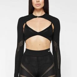 Woman Tops Knitted Sleeve Overlay With Bralette - Black TOPS & T SHIRTS