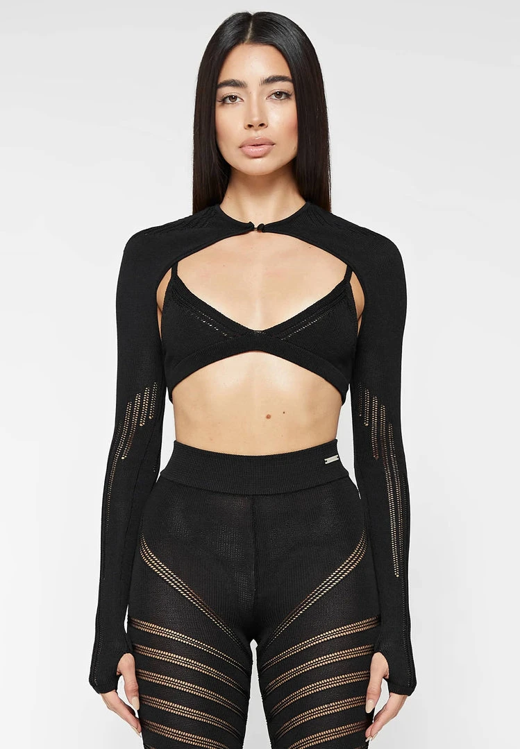 Woman Tops Knitted Sleeve Overlay With Bralette - Black TOPS & T SHIRTS