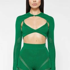Woman Tops Knitted Sleeve Overlay With Bralette - Green