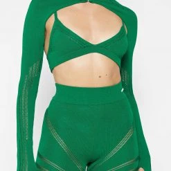 Woman Tops Knitted Sleeve Overlay With Bralette - Green