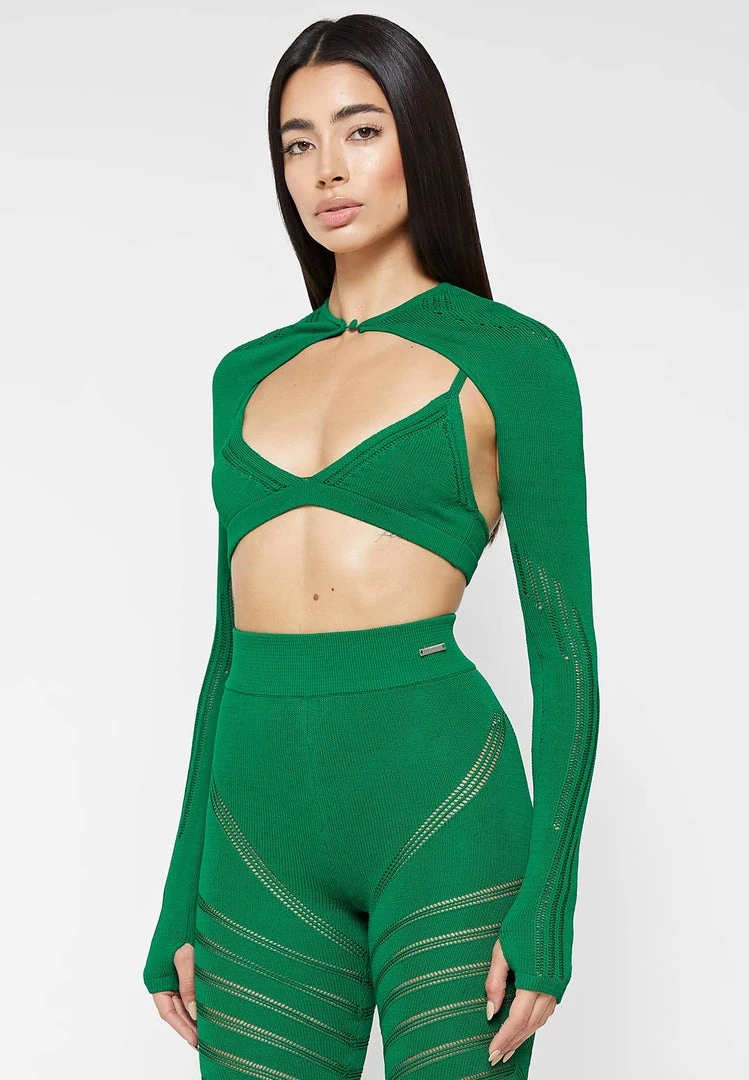 Woman Tops Knitted Sleeve Overlay With Bralette - Green