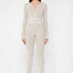 Woman Jumpsuits JUMPSUITS & PLAYSUITS Knitted Two Tone Jumpsuit With Belt - Beige/Taupe